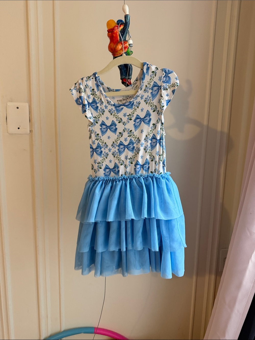 Posh Peanut Blue Bow Print Layered Tulle Dress